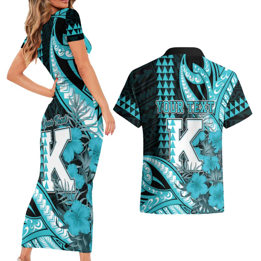 Personalised Hawaii Kapolei High School Couples Matching Short Sleeve Bodycon Dress and Hawaiian Shirt Tribal Tattoo With Hibiscus Flowers