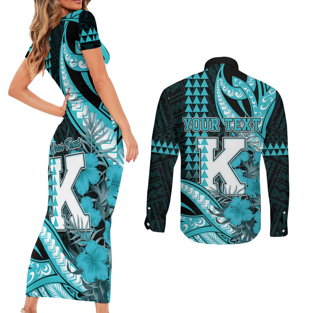 Personalised Hawaii Kapolei High School Couples Matching Short Sleeve Bodycon Dress and Long Sleeve Button Shirt Tribal Tattoo With Hibiscus Flowers