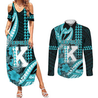Personalised Hawaii Kapolei High School Couples Matching Summer Maxi Dress and Long Sleeve Button Shirt Tribal Tattoo With Hibiscus Flowers