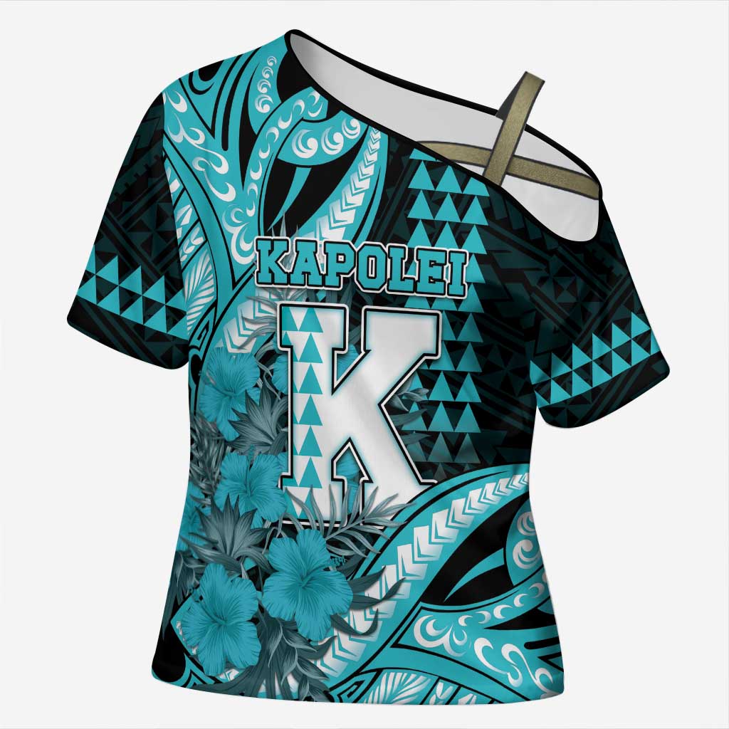 Personalised Hawaii Kapolei High School Cross Shoulder Shirt Tribal Tattoo With Hibiscus Flowers LT05 Female Dark Teal - Polynesian Pride
