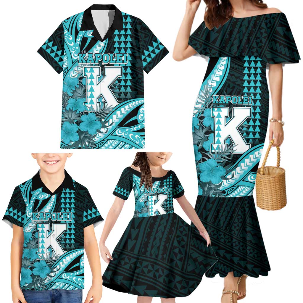 Personalised Hawaii Kapolei High School Family Matching Mermaid Dress and Hawaiian Shirt Tribal Tattoo With Hibiscus Flowers