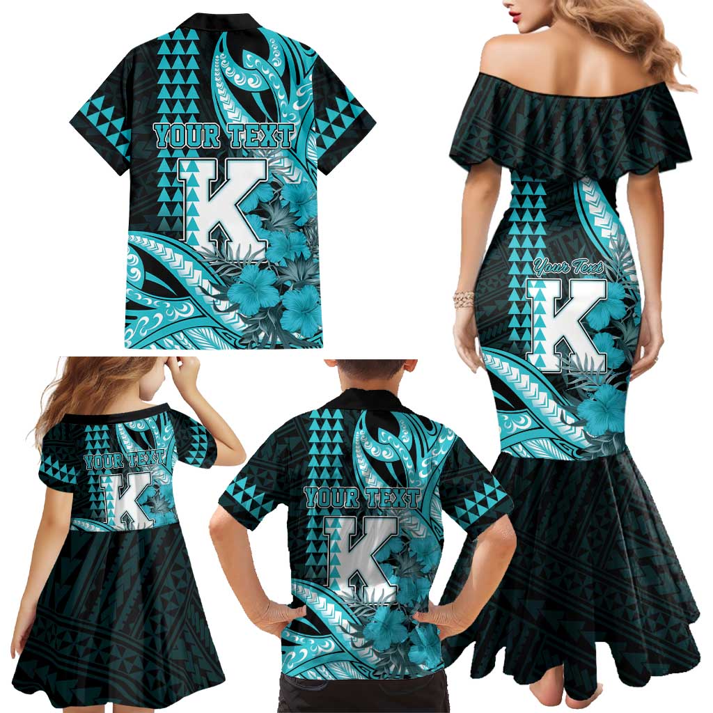 Personalised Hawaii Kapolei High School Family Matching Mermaid Dress and Hawaiian Shirt Tribal Tattoo With Hibiscus Flowers