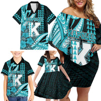 Personalised Hawaii Kapolei High School Family Matching Off Shoulder Short Dress and Hawaiian Shirt Tribal Tattoo With Hibiscus Flowers