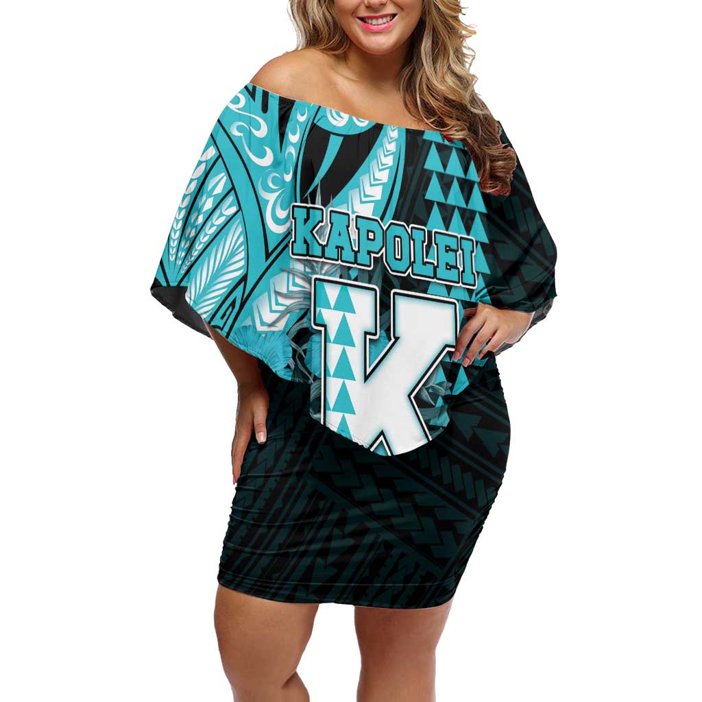 Personalised Hawaii Kapolei High School Family Matching Off Shoulder Short Dress and Hawaiian Shirt Tribal Tattoo With Hibiscus Flowers