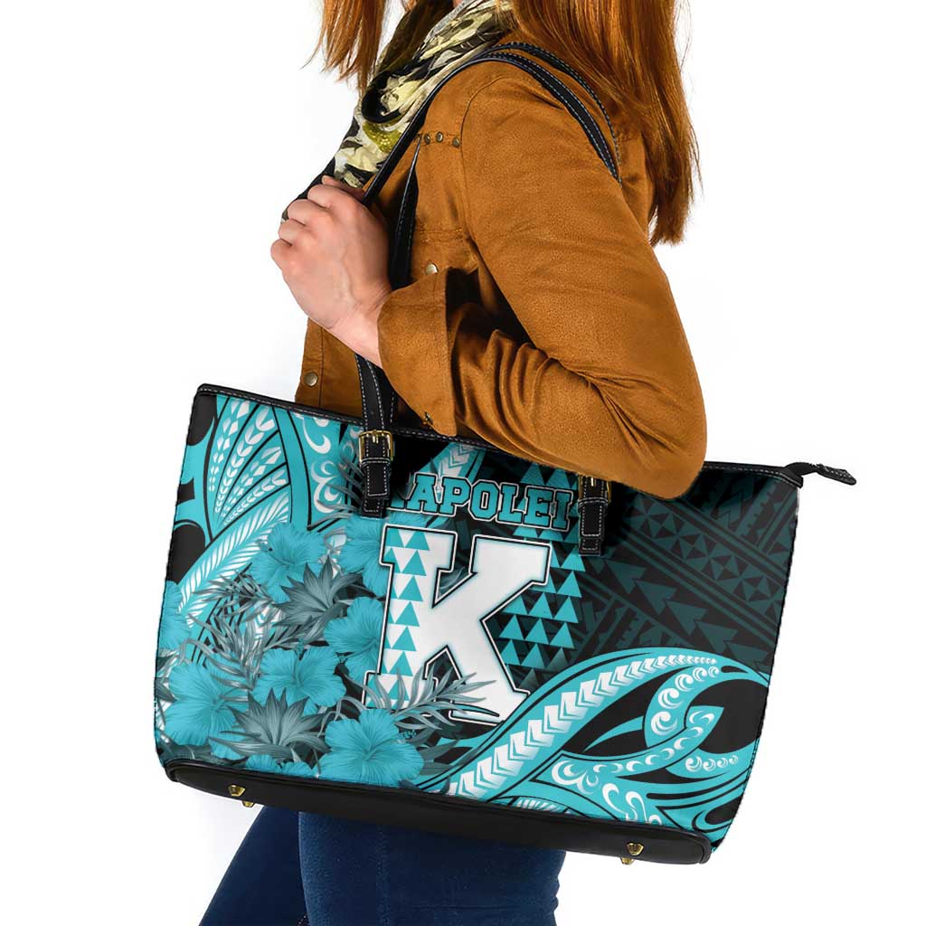 Hawaii Kapolei High School Leather Tote Bag Tribal Tattoo With Hibiscus Flowers LT05 Dark Teal - Polynesian Pride