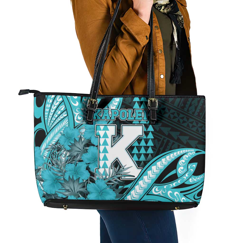 Hawaii Kapolei High School Leather Tote Bag Tribal Tattoo With Hibiscus Flowers LT05 - Polynesian Pride