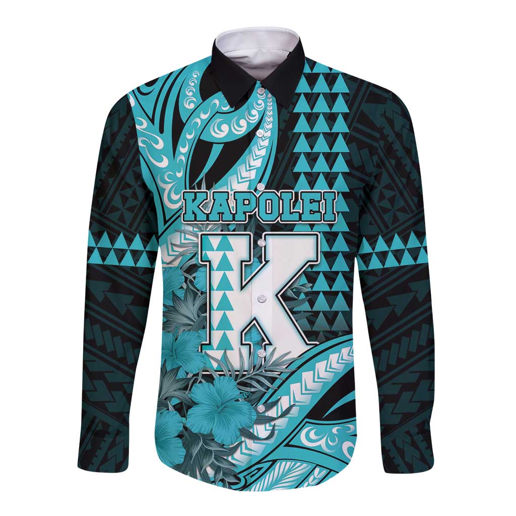 Personalised Hawaii Kapolei High School Long Sleeve Button Shirt Tribal Tattoo With Hibiscus Flowers LT05 Unisex Dark Teal - Polynesian Pride