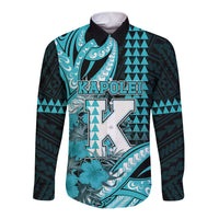 Personalised Hawaii Kapolei High School Long Sleeve Button Shirt Tribal Tattoo With Hibiscus Flowers LT05 Unisex Dark Teal - Polynesian Pride