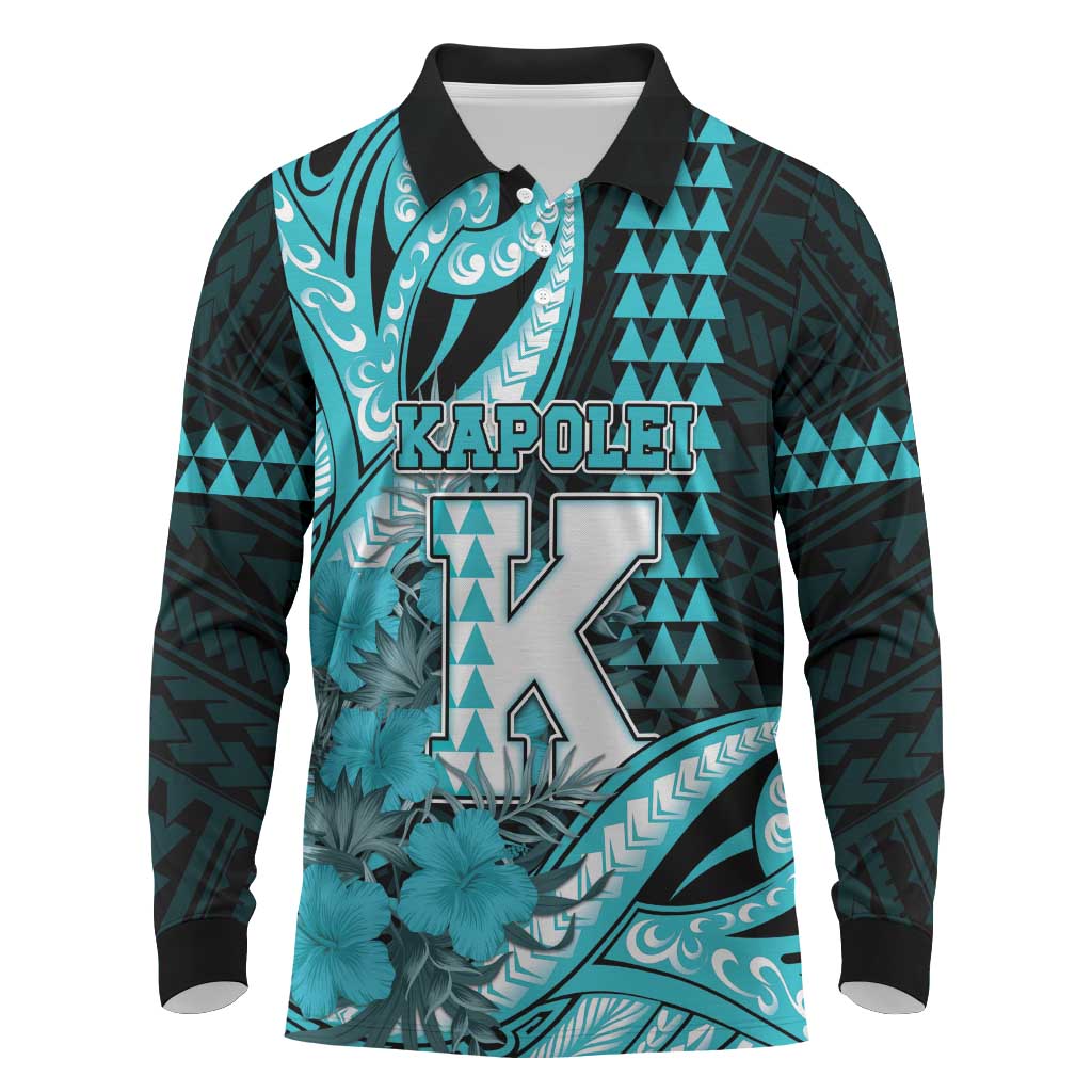 Personalised Hawaii Kapolei High School Long Sleeve Polo Shirt Tribal Tattoo With Hibiscus Flowers LT05 Dark Teal - Polynesian Pride