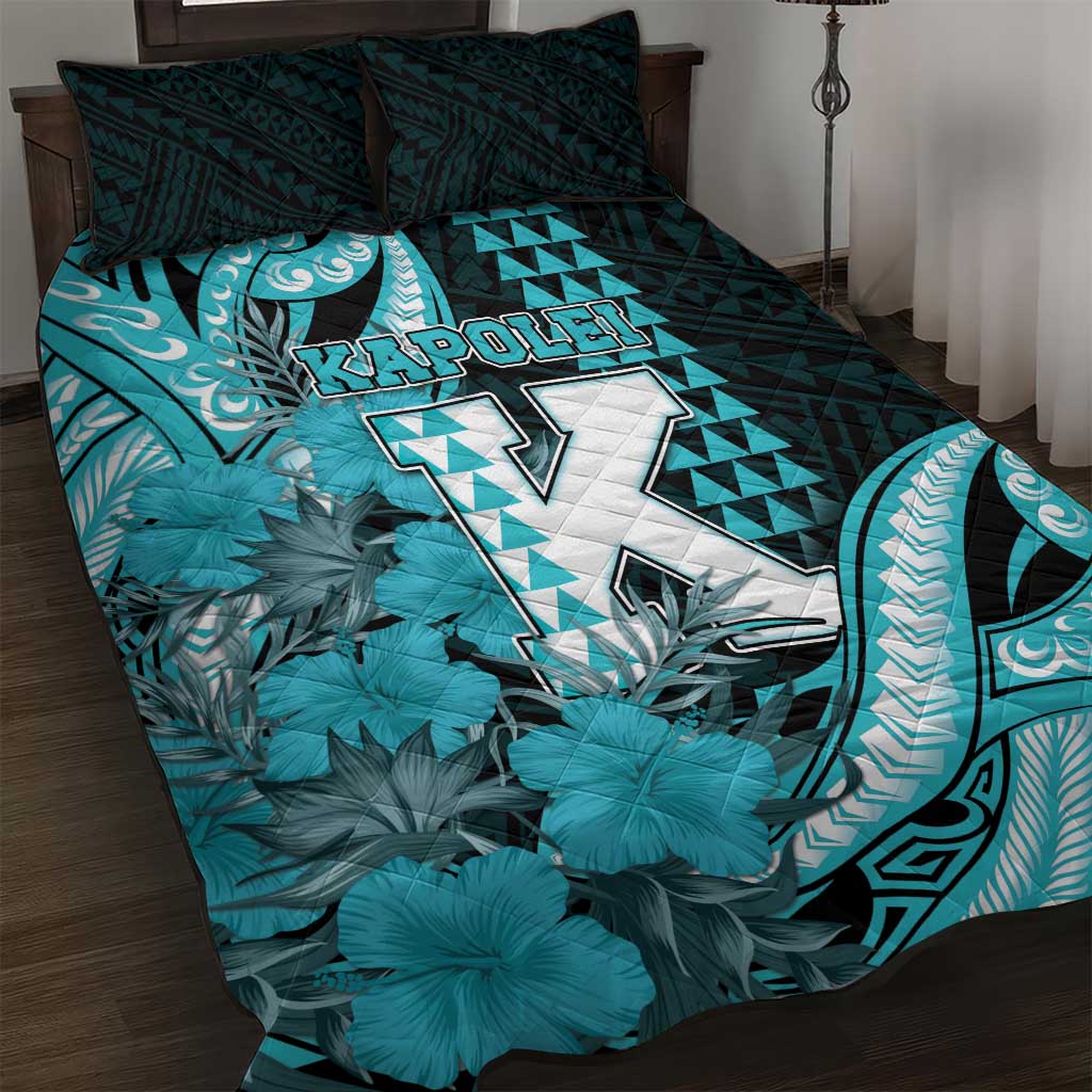 Hawaii Kapolei High School Quilt Bed Set Tribal Tattoo With Hibiscus Flowers LT05 Dark Teal - Polynesian Pride