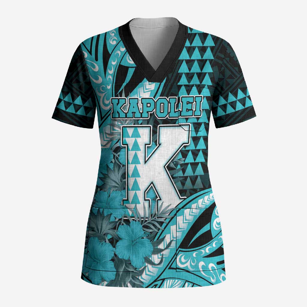 Personalised Hawaii Kapolei High School Scrub Top Tribal Tattoo With Hibiscus Flowers LT05 Adult Dark Teal - Polynesian Pride