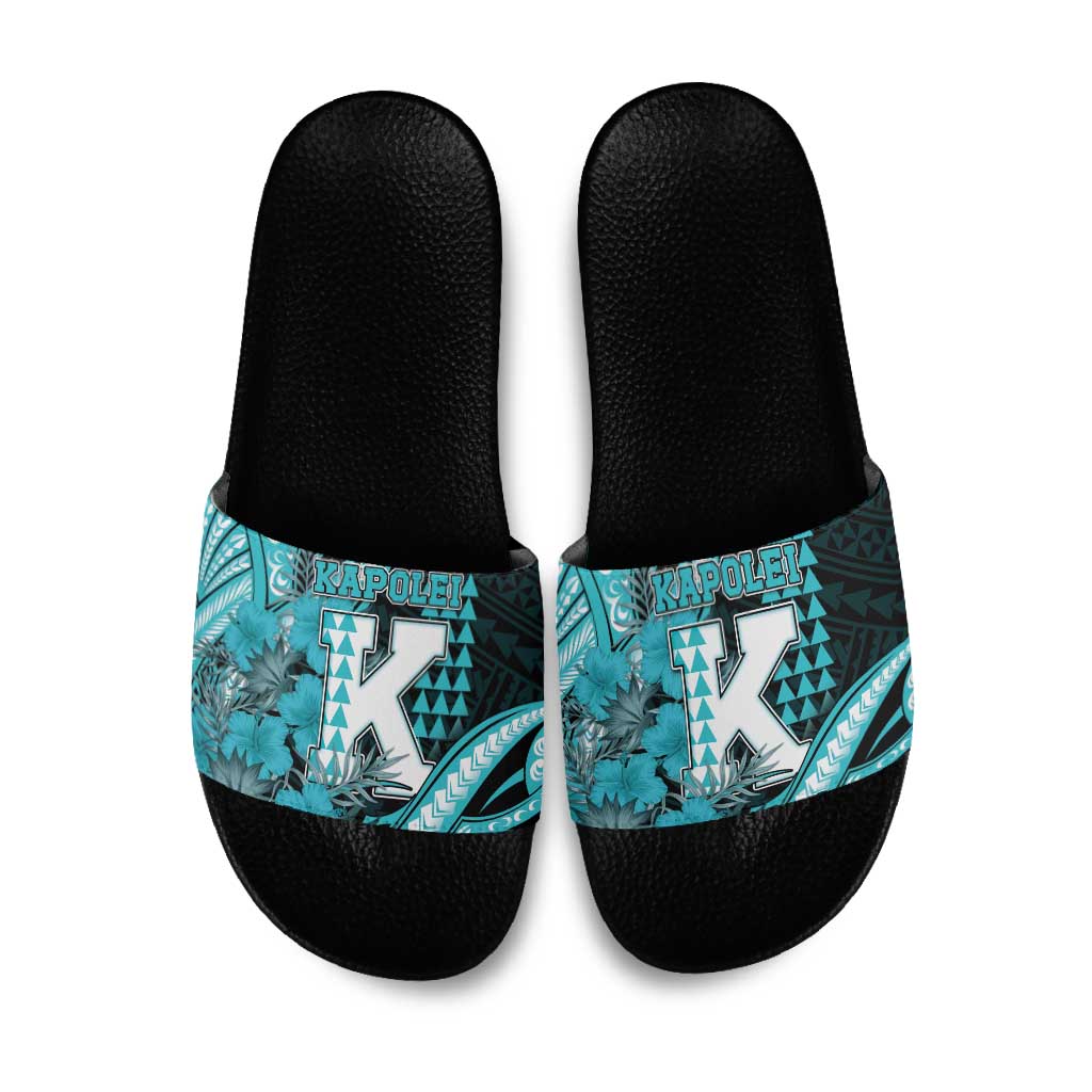 Hawaii Kapolei High School Slide Sandals Tribal Tattoo With Hibiscus Flowers LT05 Dark Teal - Polynesian Pride