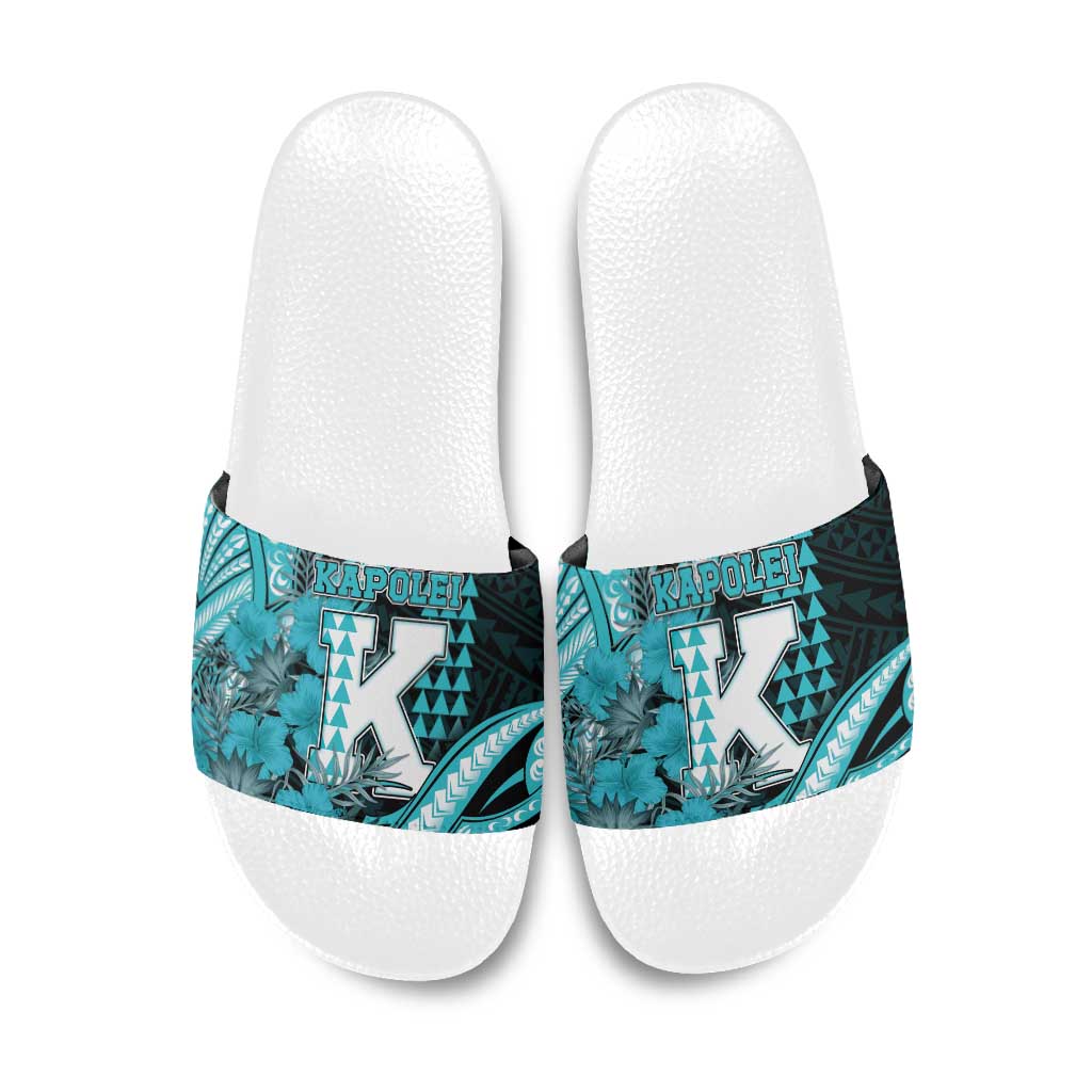 Hawaii Kapolei High School Slide Sandals Tribal Tattoo With Hibiscus Flowers LT05 Dark Teal - Polynesian Pride