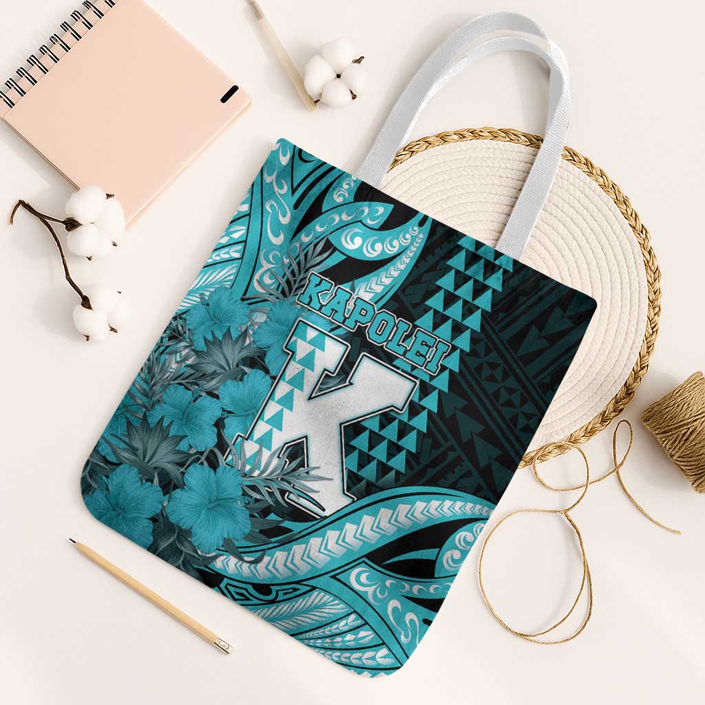 Hawaii Kapolei High School Tote Bag Tribal Tattoo With Hibiscus Flowers LT05 White Strap One Size Dark Teal - Polynesian Pride