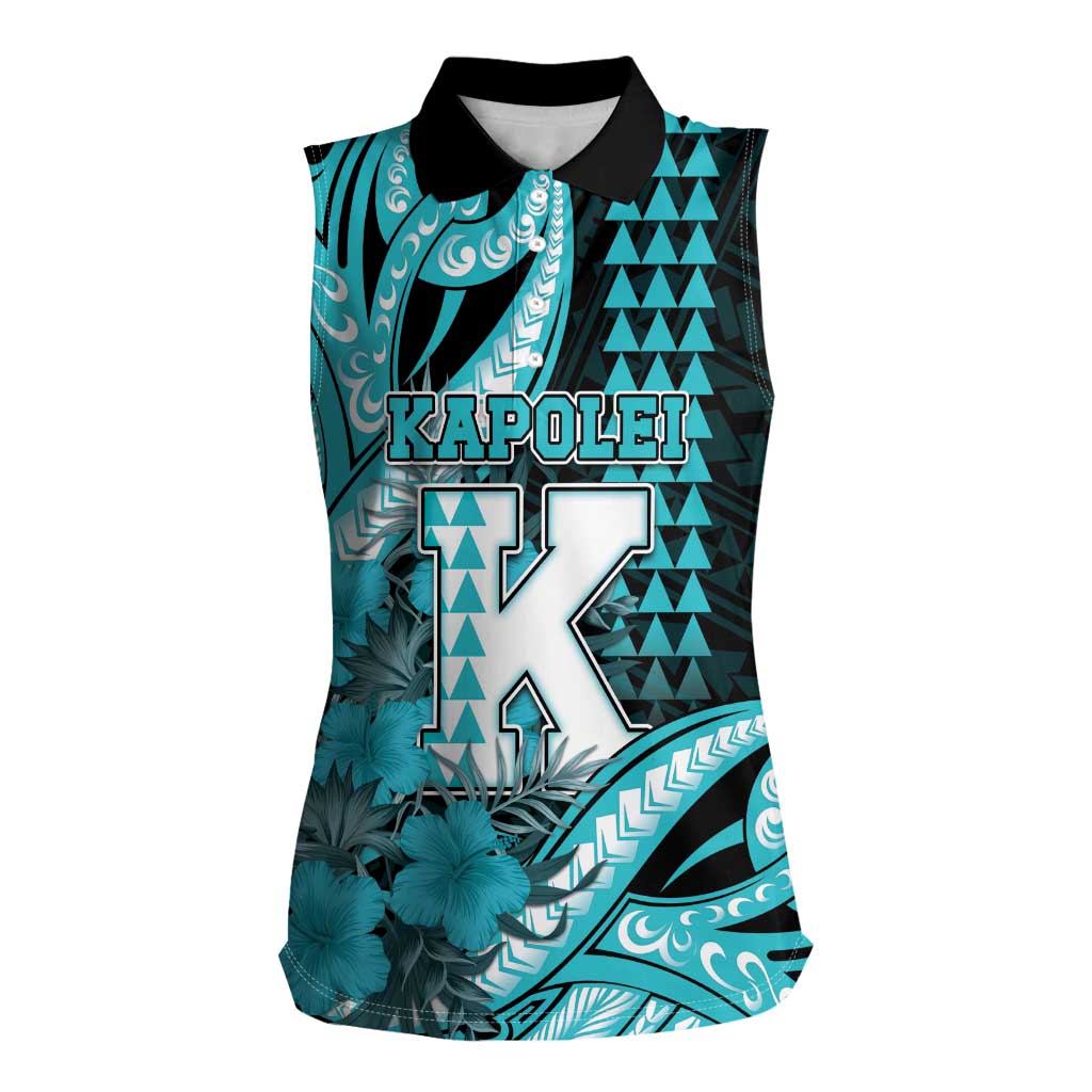 Personalised Hawaii Kapolei High School Women Sleeveless Polo Shirt Tribal Tattoo With Hibiscus Flowers LT05 Female Dark Teal - Polynesian Pride