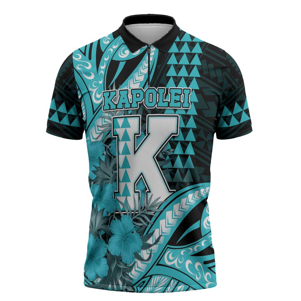 Personalised Hawaii Kapolei High School Zipper Polo Shirt Tribal Tattoo With Hibiscus Flowers LT05 Dark Teal - Polynesian Pride