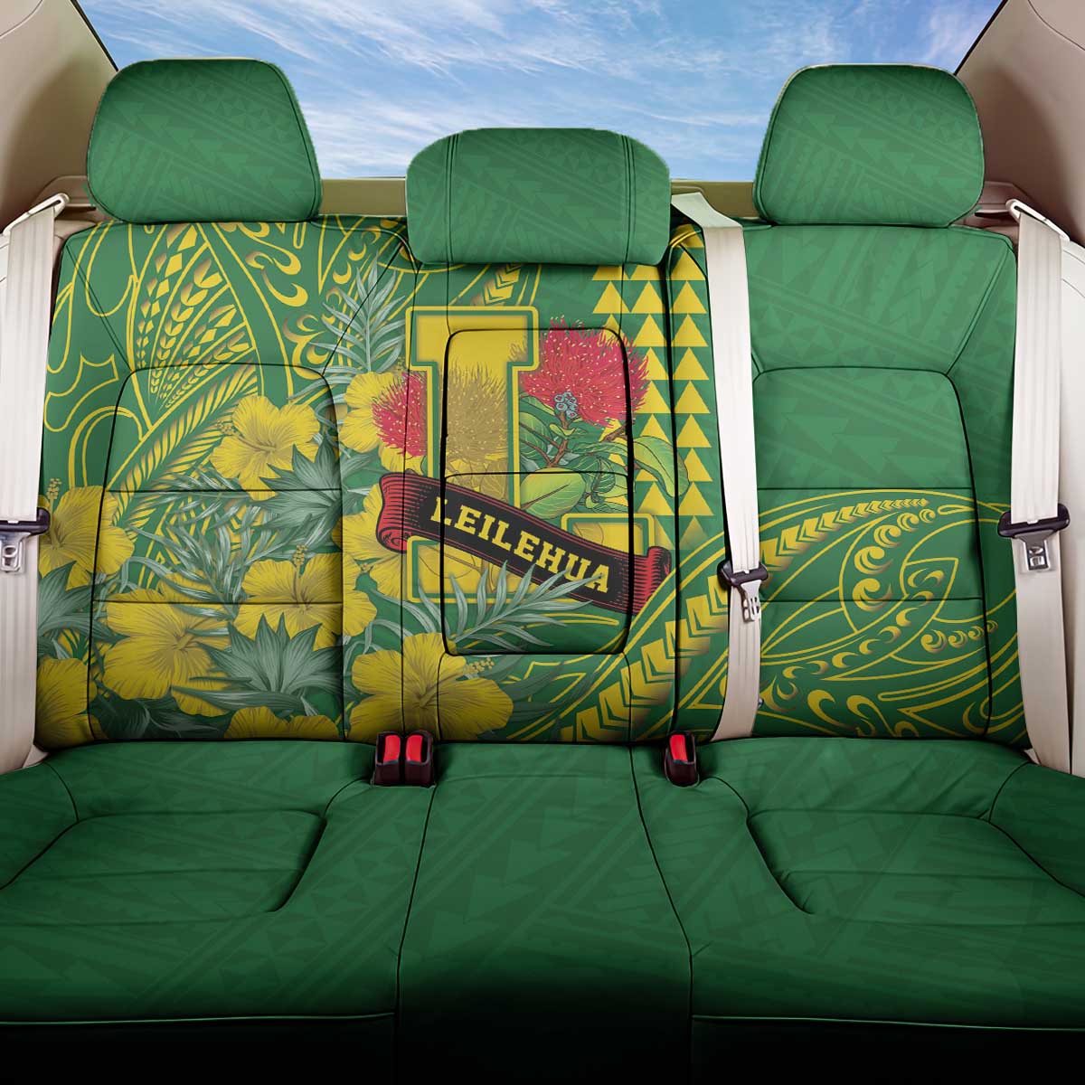 Hawaii Leilehua High School Back Car Seat Cover Tribal Tattoo With Hibiscus Flowers LT05 One Size Green - Polynesian Pride