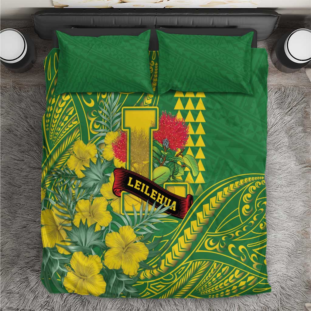 Hawaii Leilehua High School Bedding Set Tribal Tattoo With Hibiscus Flowers LT05 Green - Polynesian Pride