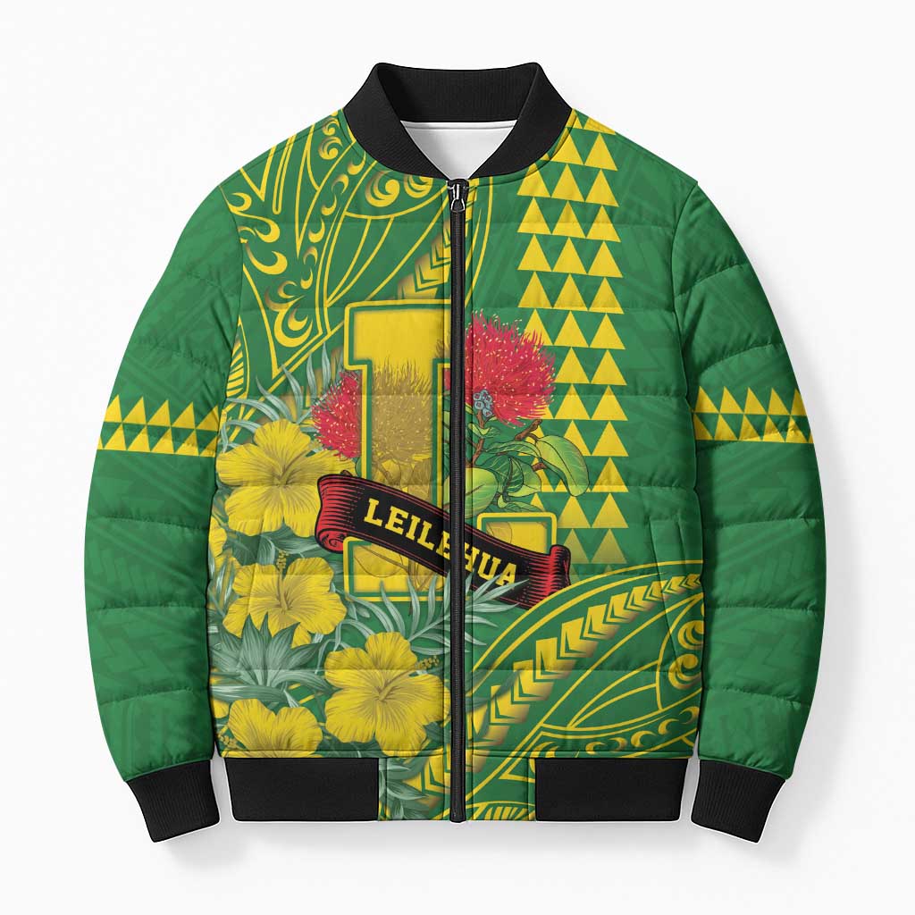 Personalised Hawaii Leilehua High School Bomber Puffer Jacket Tribal Tattoo With Hibiscus Flowers LT05 Unisex Green - Polynesian Pride