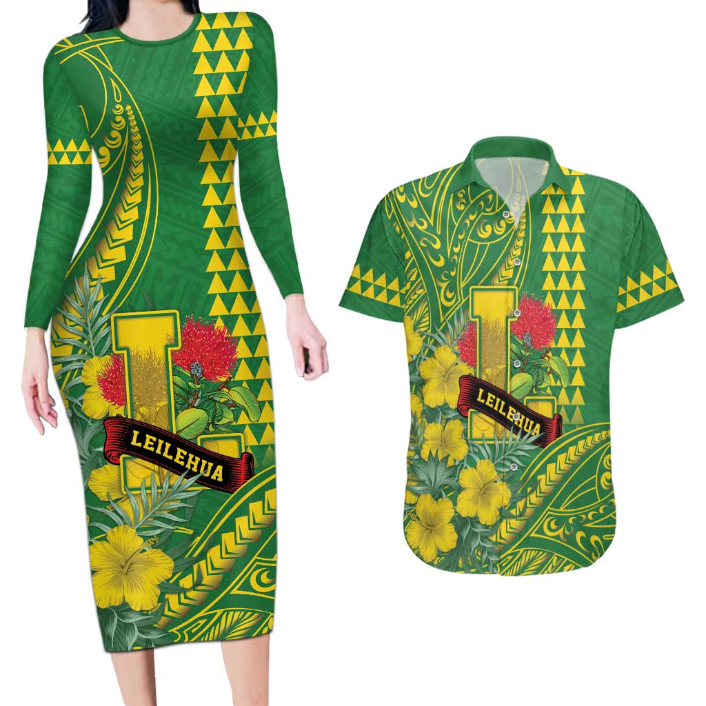 Personalised Hawaii Leilehua High School Couples Matching Long Sleeve Bodycon Dress and Hawaiian Shirt Tribal Tattoo With Hibiscus Flowers LT05 Green - Polynesian Pride
