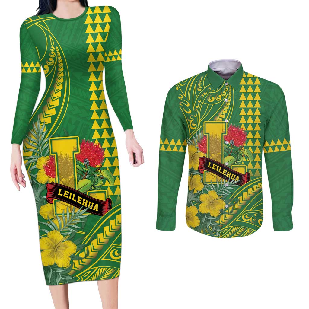 Personalised Hawaii Leilehua High School Couples Matching Long Sleeve Bodycon Dress and Long Sleeve Button Shirt Tribal Tattoo With Hibiscus Flowers LT05 Green - Polynesian Pride