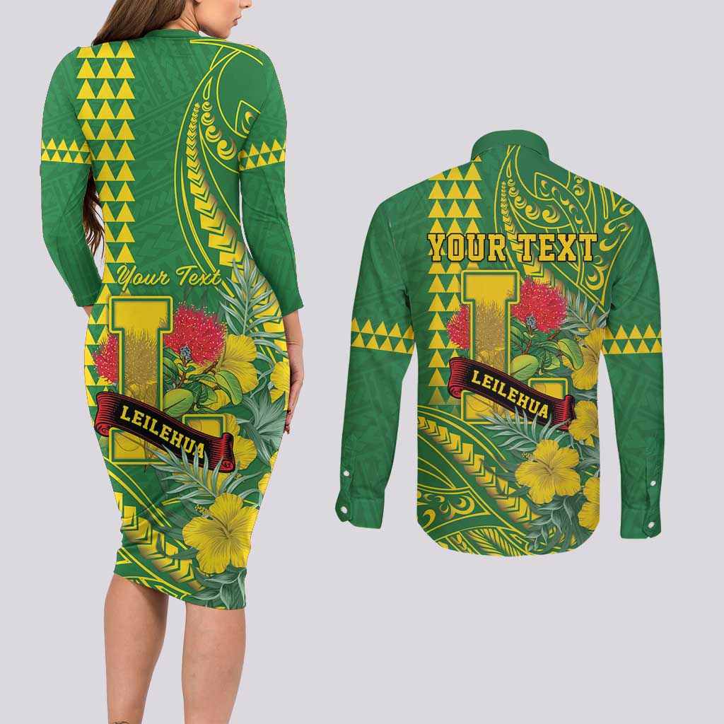 Personalised Hawaii Leilehua High School Couples Matching Long Sleeve Bodycon Dress and Long Sleeve Button Shirt Tribal Tattoo With Hibiscus Flowers