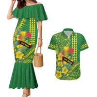 Personalised Hawaii Leilehua High School Couples Matching Mermaid Dress and Hawaiian Shirt Tribal Tattoo With Hibiscus Flowers