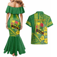 Personalised Hawaii Leilehua High School Couples Matching Mermaid Dress and Hawaiian Shirt Tribal Tattoo With Hibiscus Flowers