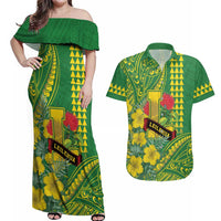 Personalised Hawaii Leilehua High School Couples Matching Off Shoulder Maxi Dress and Hawaiian Shirt Tribal Tattoo With Hibiscus Flowers