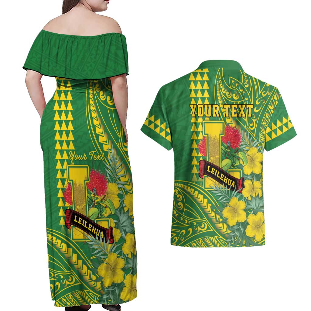 Personalised Hawaii Leilehua High School Couples Matching Off Shoulder Maxi Dress and Hawaiian Shirt Tribal Tattoo With Hibiscus Flowers