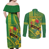 Personalised Hawaii Leilehua High School Couples Matching Off Shoulder Maxi Dress and Long Sleeve Button Shirt Tribal Tattoo With Hibiscus Flowers
