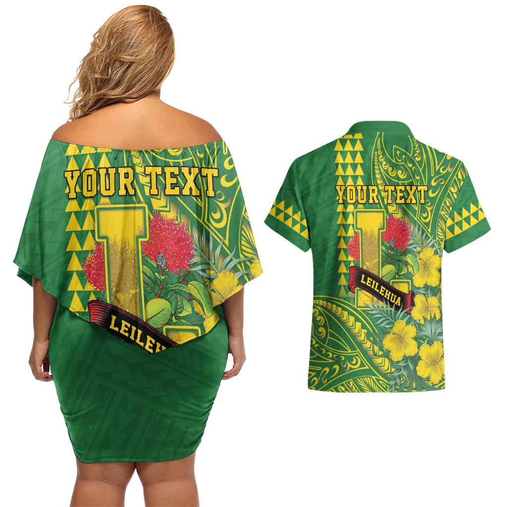 Personalised Hawaii Leilehua High School Couples Matching Off Shoulder Short Dress and Hawaiian Shirt Tribal Tattoo With Hibiscus Flowers