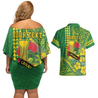 Personalised Hawaii Leilehua High School Couples Matching Off Shoulder Short Dress and Hawaiian Shirt Tribal Tattoo With Hibiscus Flowers