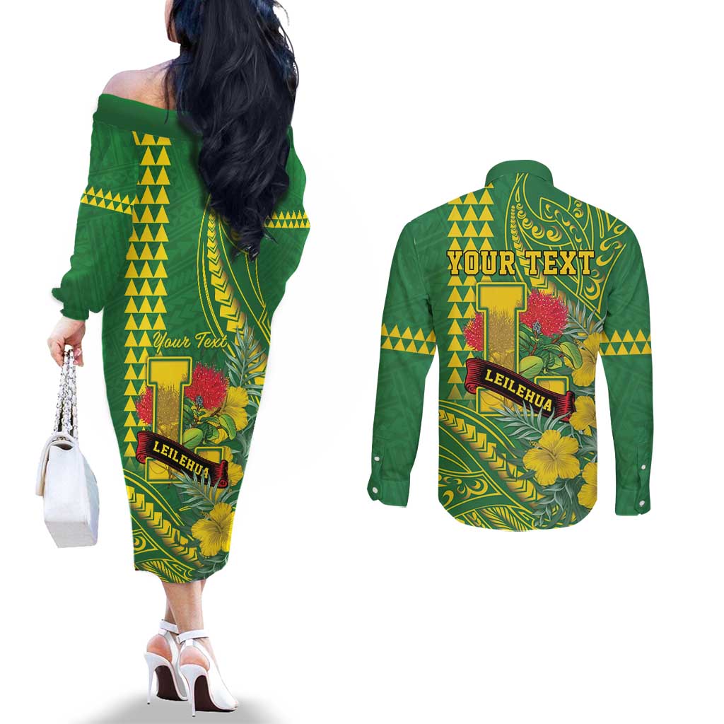 Personalised Hawaii Leilehua High School Couples Matching Off The Shoulder Long Sleeve Dress and Long Sleeve Button Shirt Tribal Tattoo With Hibiscus Flowers