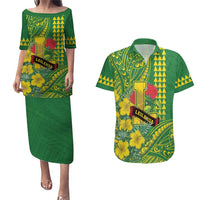 Personalised Hawaii Leilehua High School Couples Matching Puletasi and Hawaiian Shirt Tribal Tattoo With Hibiscus Flowers