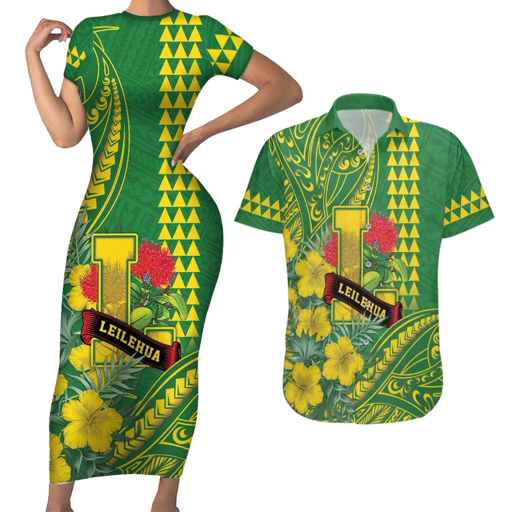 Personalised Hawaii Leilehua High School Couples Matching Short Sleeve Bodycon Dress and Hawaiian Shirt Tribal Tattoo With Hibiscus Flowers