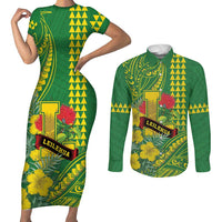 Personalised Hawaii Leilehua High School Couples Matching Short Sleeve Bodycon Dress and Long Sleeve Button Shirt Tribal Tattoo With Hibiscus Flowers