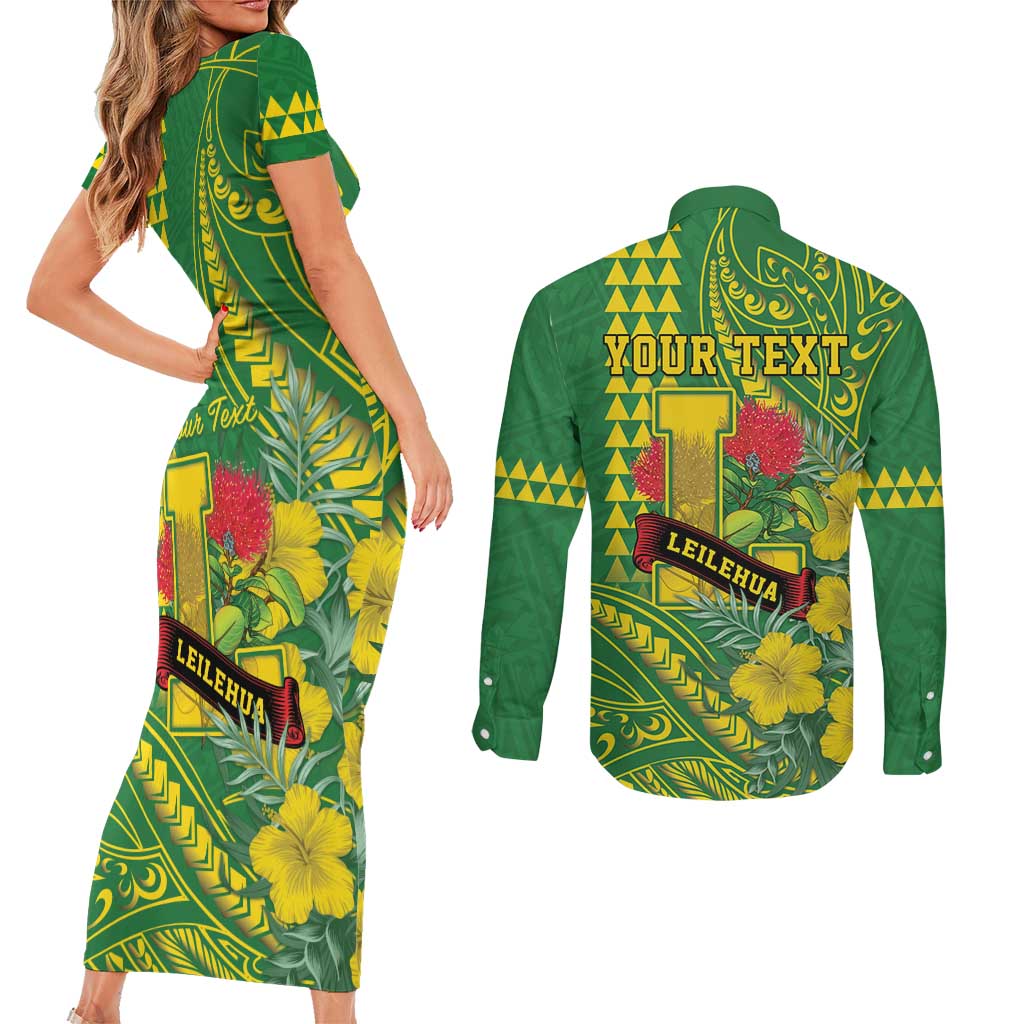 Personalised Hawaii Leilehua High School Couples Matching Short Sleeve Bodycon Dress and Long Sleeve Button Shirt Tribal Tattoo With Hibiscus Flowers