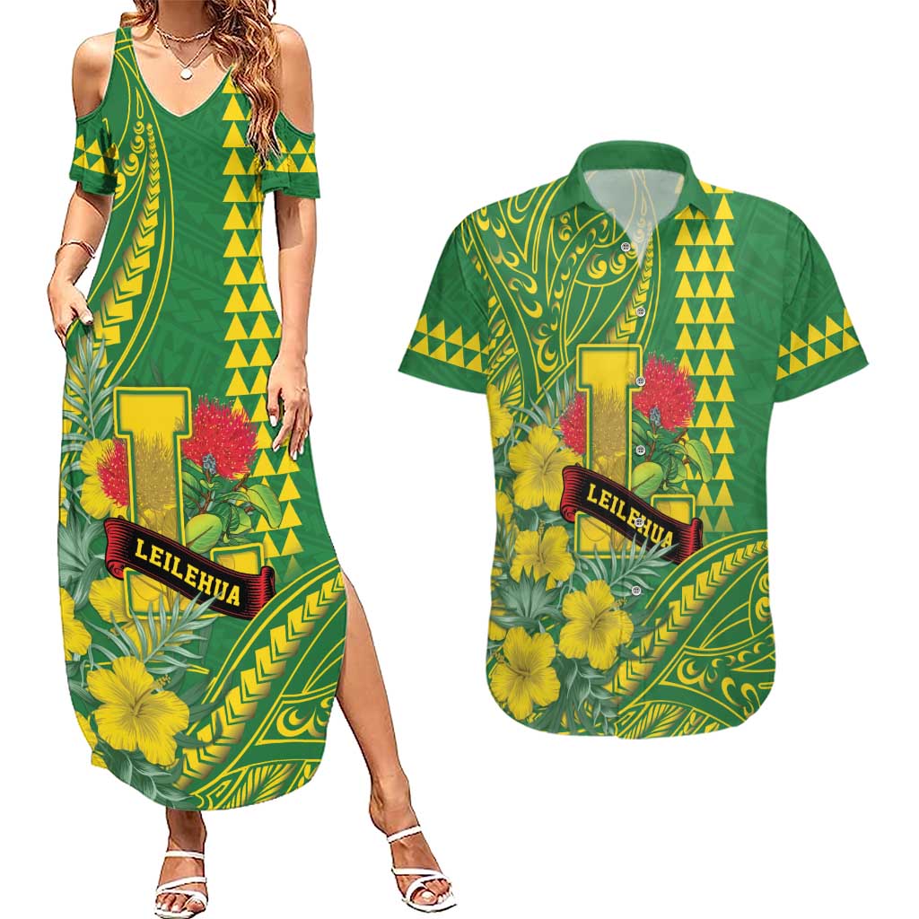 Personalised Hawaii Leilehua High School Couples Matching Summer Maxi Dress and Hawaiian Shirt Tribal Tattoo With Hibiscus Flowers