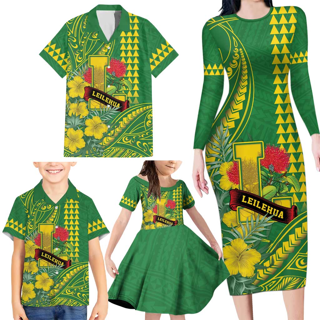 Personalised Hawaii Leilehua High School Family Matching Long Sleeve Bodycon Dress and Hawaiian Shirt Tribal Tattoo With Hibiscus Flowers LT05 - Polynesian Pride