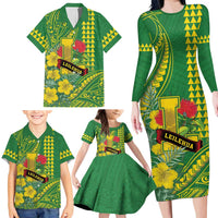 Personalised Hawaii Leilehua High School Family Matching Long Sleeve Bodycon Dress and Hawaiian Shirt Tribal Tattoo With Hibiscus Flowers