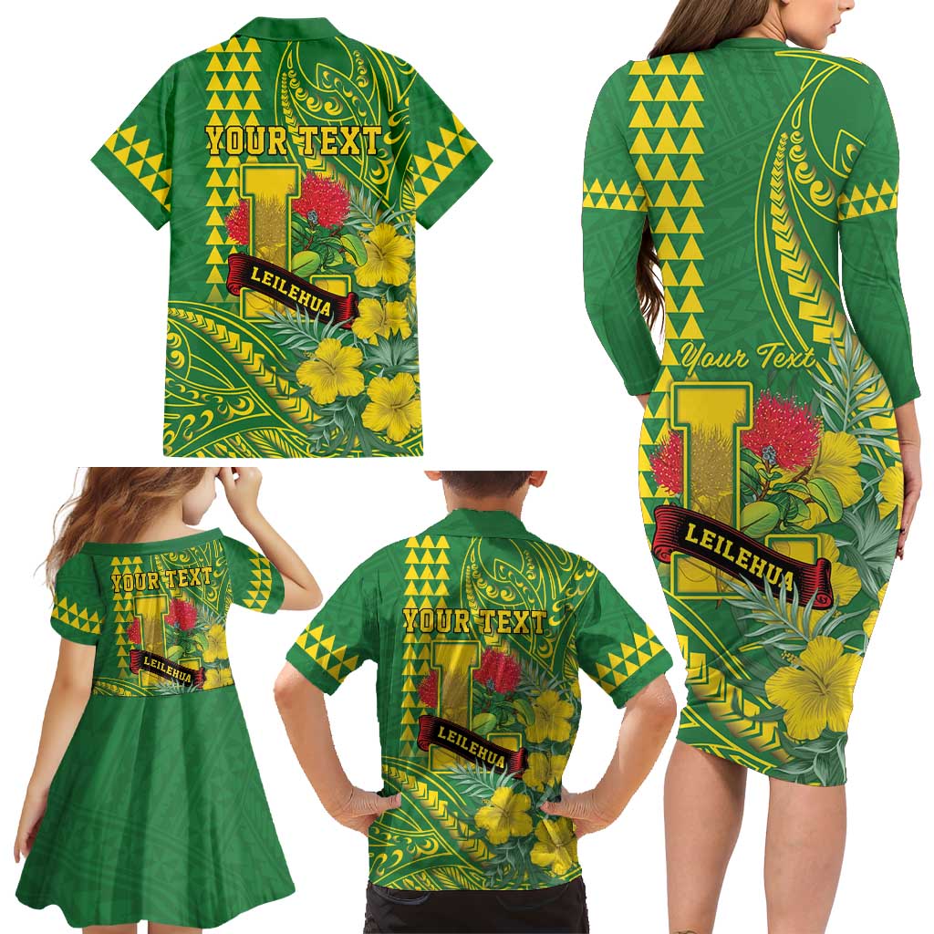 Personalised Hawaii Leilehua High School Family Matching Long Sleeve Bodycon Dress and Hawaiian Shirt Tribal Tattoo With Hibiscus Flowers