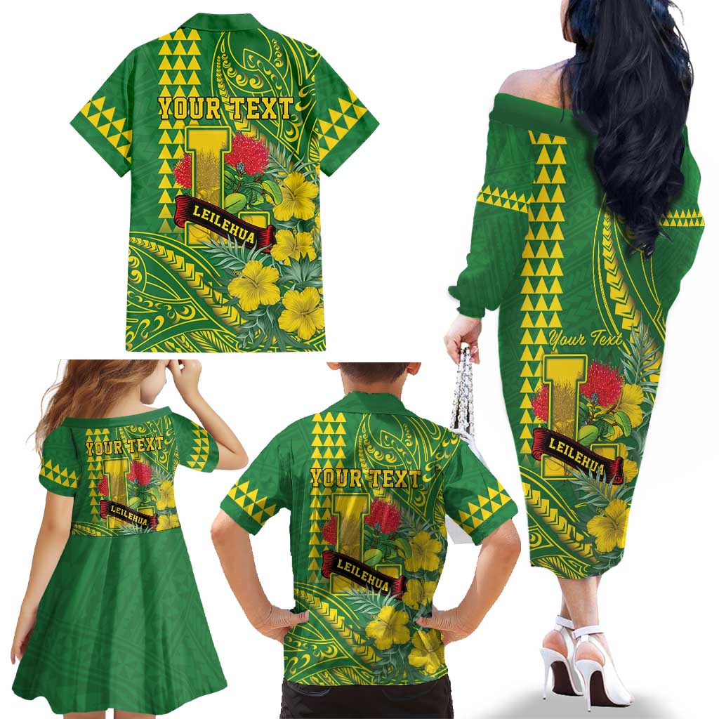 Personalised Hawaii Leilehua High School Family Matching Off The Shoulder Long Sleeve Dress and Hawaiian Shirt Tribal Tattoo With Hibiscus Flowers
