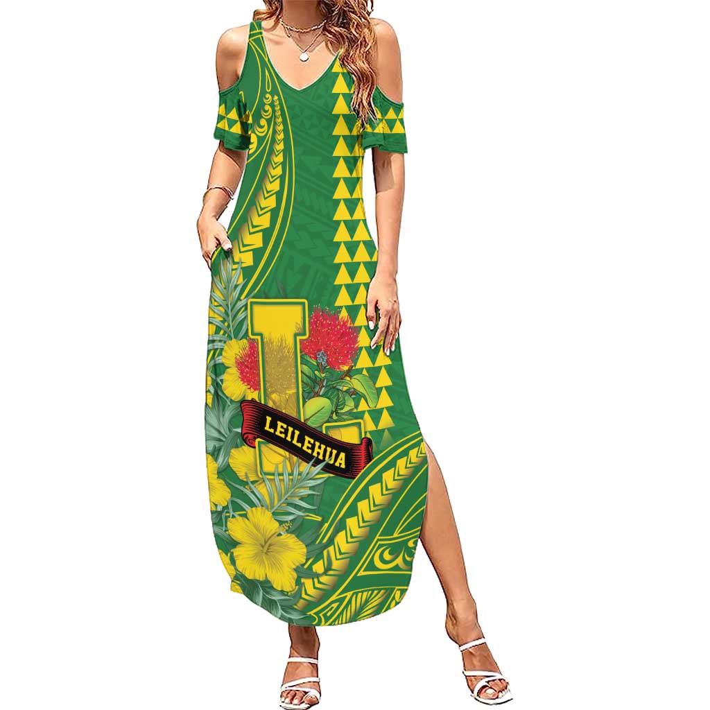 Personalised Hawaii Leilehua High School Family Matching Summer Maxi Dress and Hawaiian Shirt Tribal Tattoo With Hibiscus Flowers