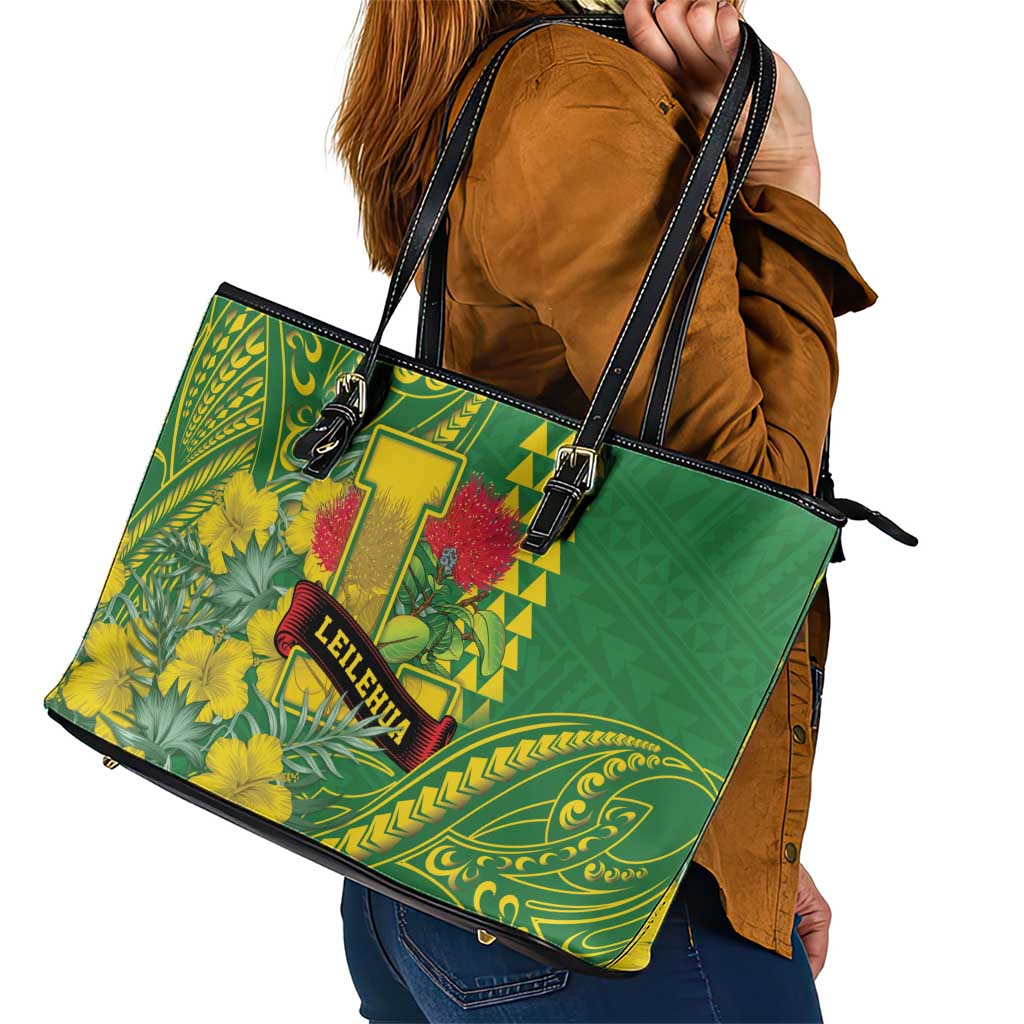 Hawaii Leilehua High School Leather Tote Bag Tribal Tattoo With Hibiscus Flowers LT05 - Polynesian Pride