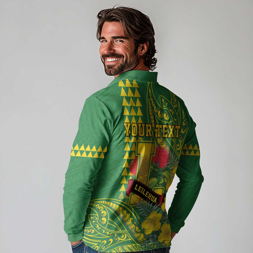 Personalised Hawaii Leilehua High School Long Sleeve Polo Shirt Tribal Tattoo With Hibiscus Flowers