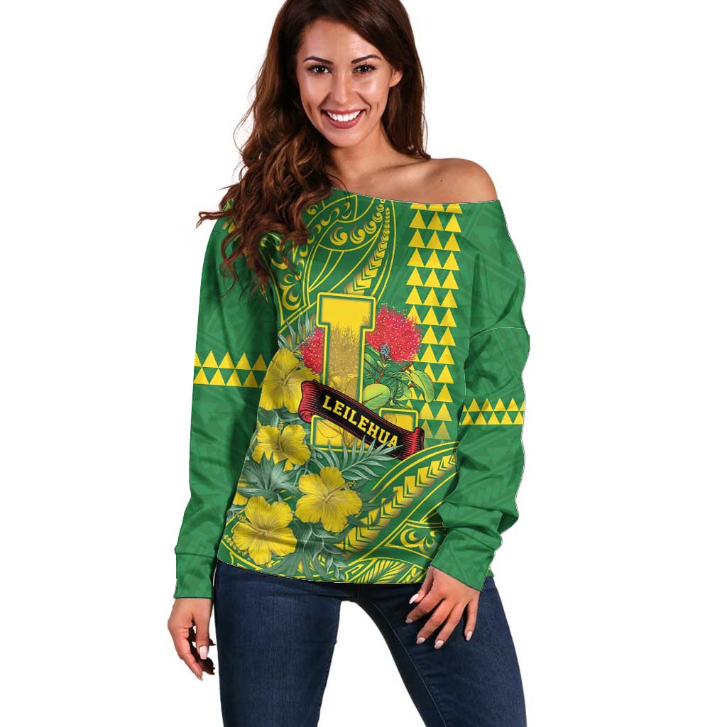 Personalised Hawaii Leilehua High School Off Shoulder Sweater Tribal Tattoo With Hibiscus Flowers LT05 Women Green - Polynesian Pride