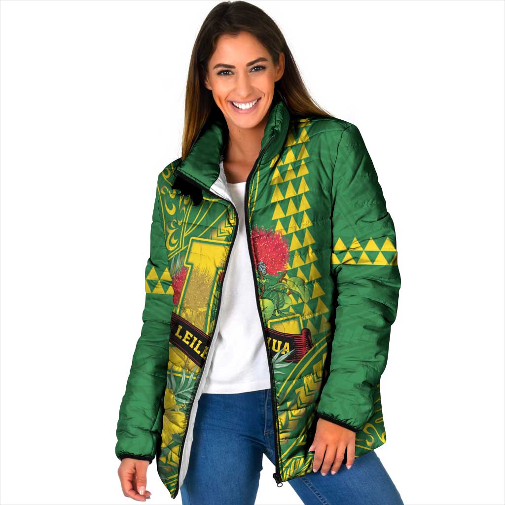 Personalised Hawaii Leilehua High School Padded Jacket Tribal Tattoo With Hibiscus Flowers LT05 Women Green - Polynesian Pride