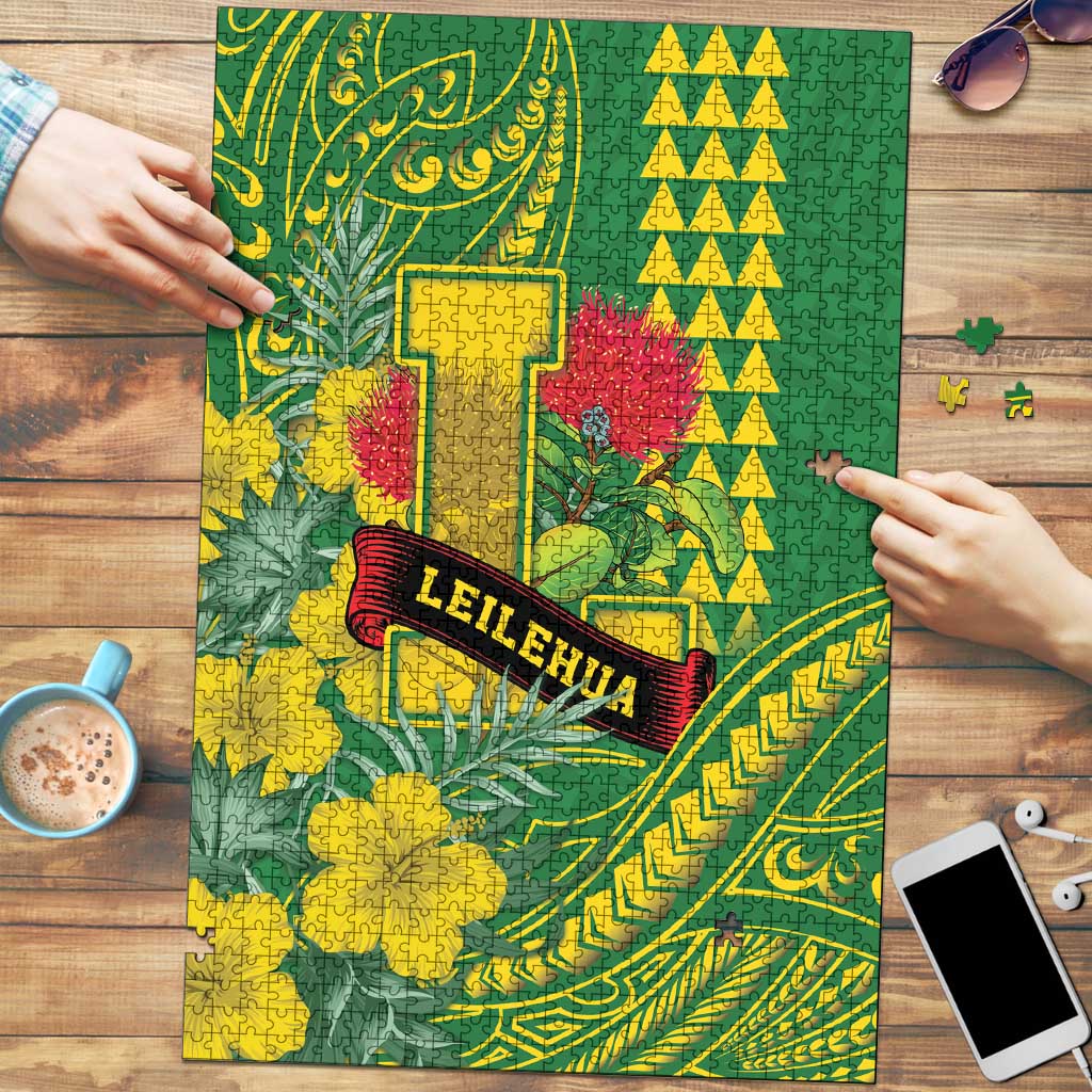 Hawaii Leilehua High School Puzzle Tribal Tattoo With Hibiscus Flowers LT05 Green - Polynesian Pride