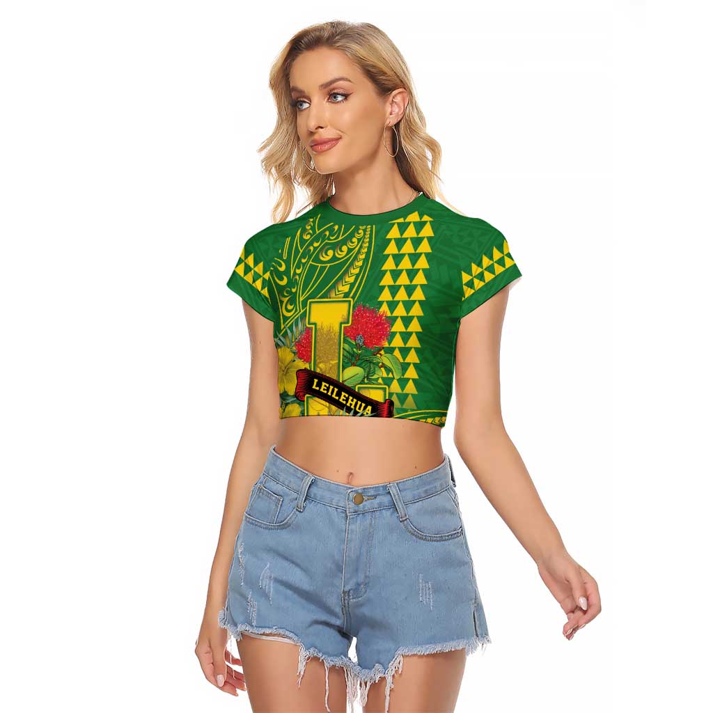 Personalised Hawaii Leilehua High School Raglan Cropped T Shirt Tribal Tattoo With Hibiscus Flowers LT05 Female Green - Polynesian Pride